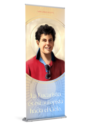 Saint Carlo Acutis Canonization<br> by Catholic Artist The Living Heart Co <br>Spanish Banner