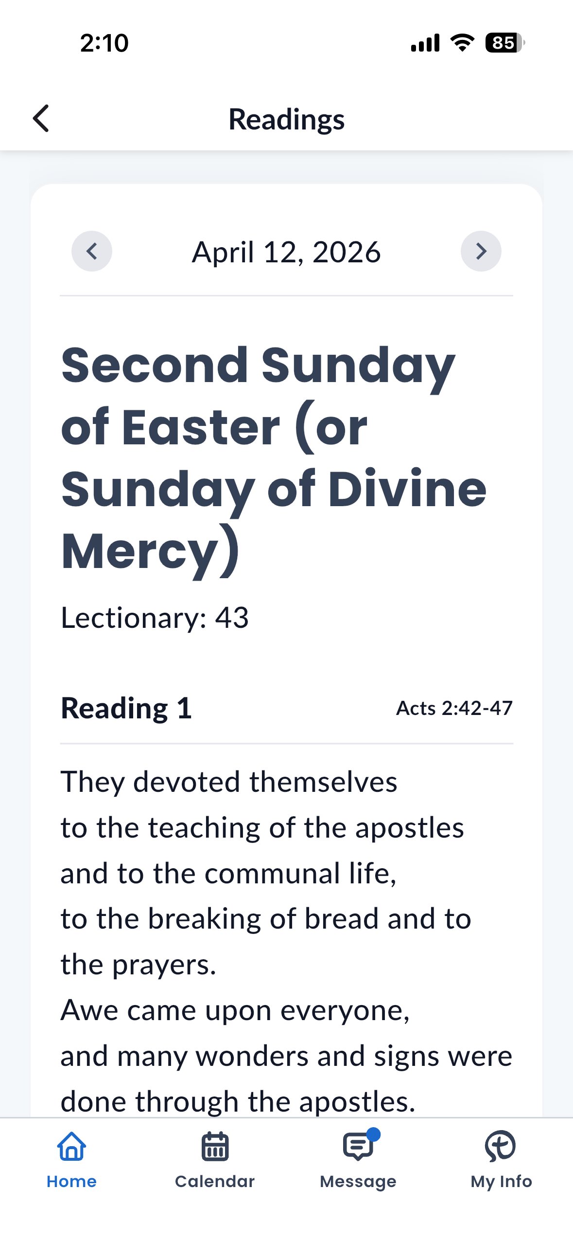 Readings screen