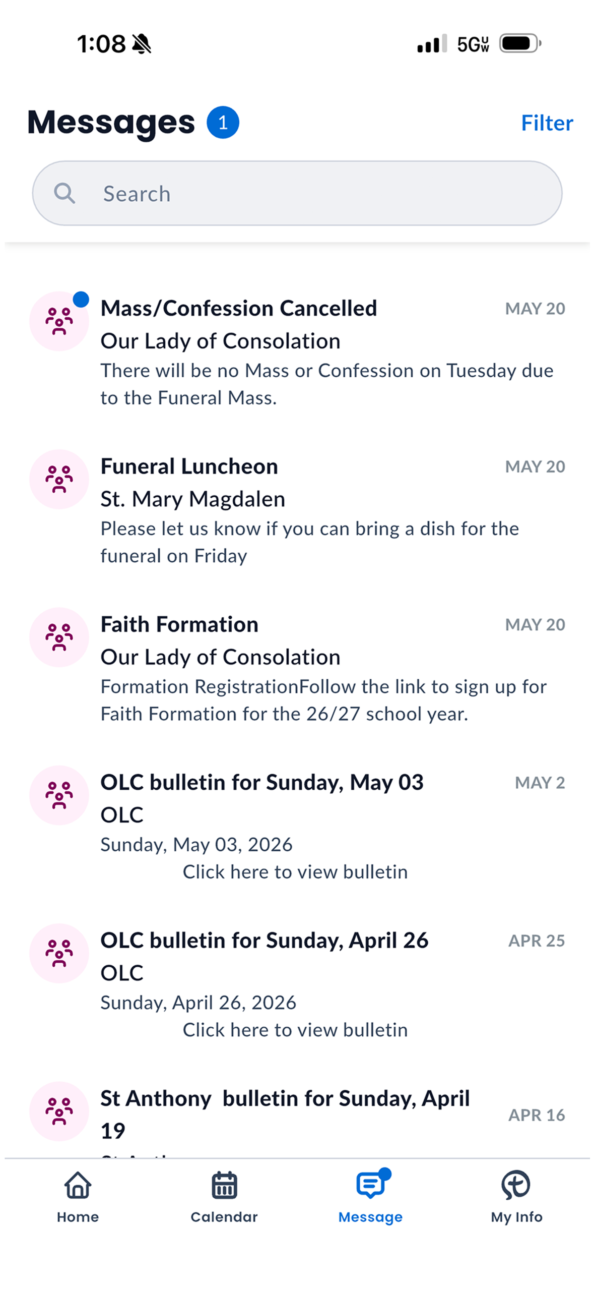 Messages screen